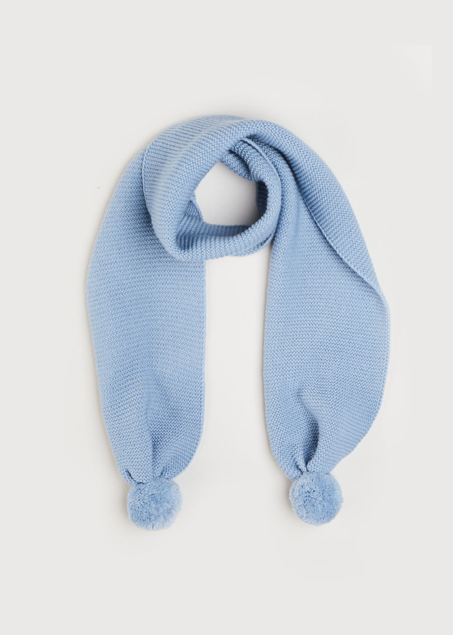 Merino Wool Pom Pom Scarf In Blue KNITTED ACCESSORIES  from Pepa London US