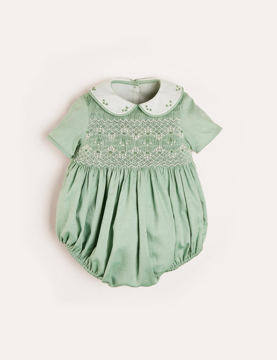 Peter Pan Collar Hand Smocked Short Sleeve Romper in Green (3mths-2yrs) Rompers from Pepa London US
