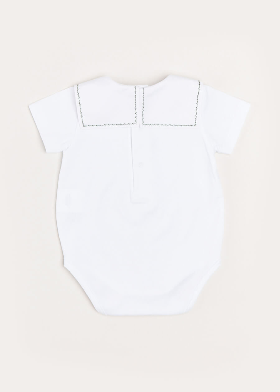 Train Embroidery Statement Collar Short Sleeve Bodysuit in Green (3mths-2yrs) Tops & Bodysuits from Pepa London US