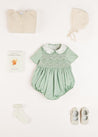 Peter Pan Collar Hand Smocked Short Sleeve Romper in Green (6mths-2yrs) Rompers  from Pepa London