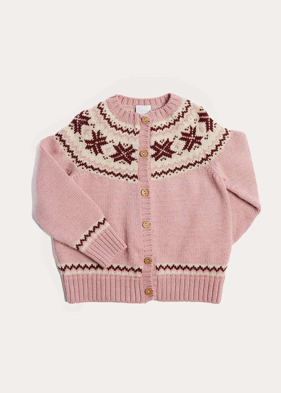 Classic Fair Isle Cardigan With Rib Details in Pink (12mths-10yrs) Knitwear from Pepa London