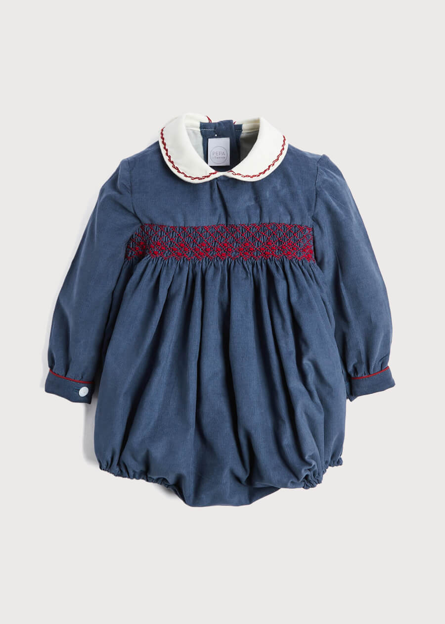 Blue Hand Smocked Corduroy Romper Rompers from Pepa London US