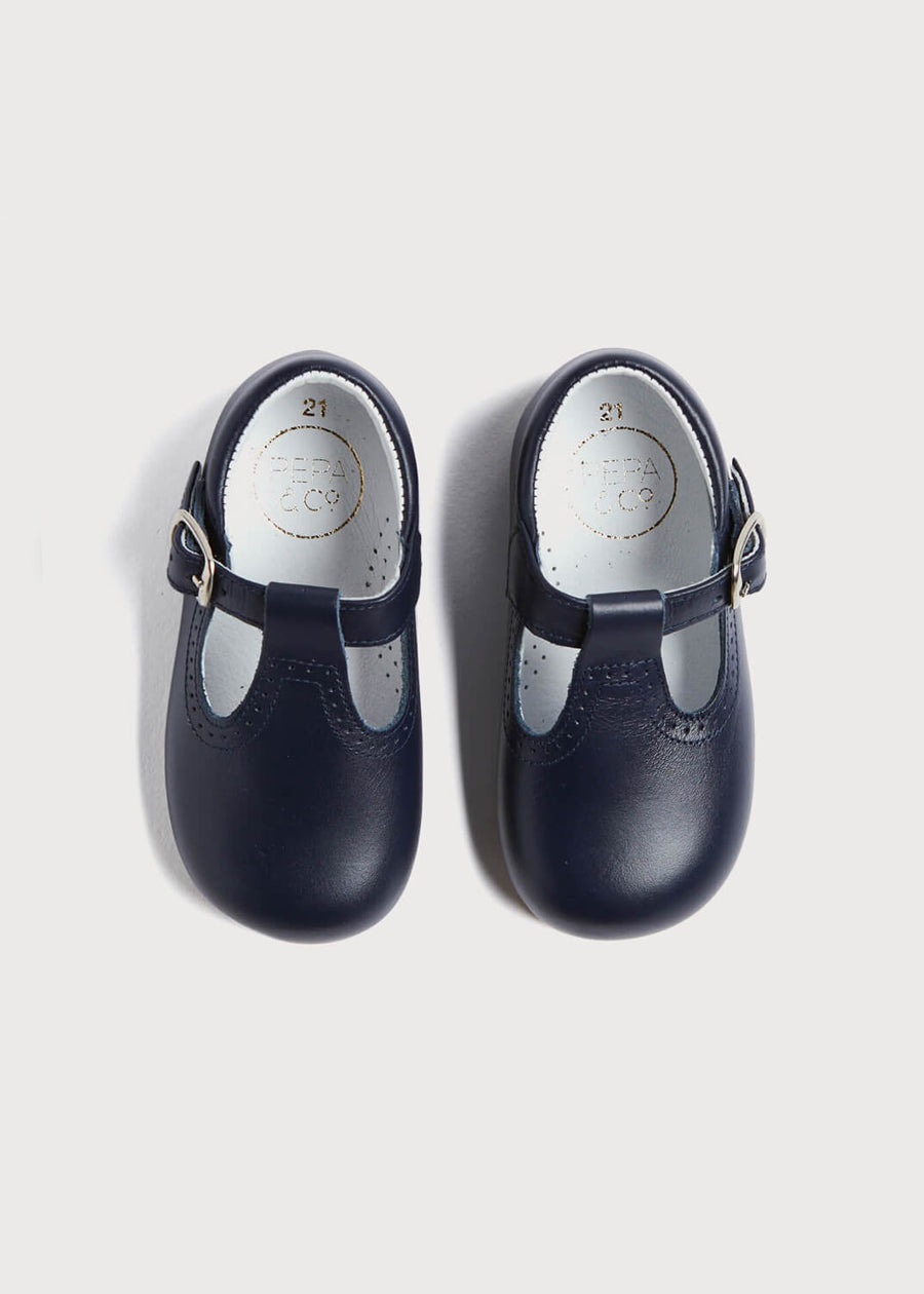 Leather T Bar Baby Shoes in Navy (20-26EU) SHOES from Pepa London US