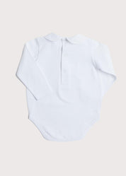 Peter Pan Collar Long Sleeve Pleated Bib Bodysuit in White (0mths-2yrs) Tops & Bodysuits from Pepa London US