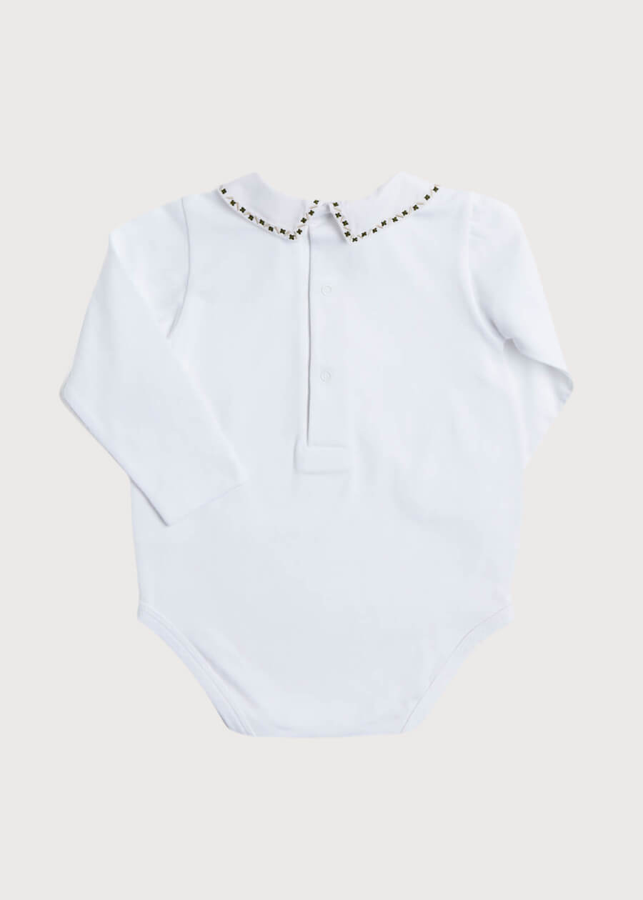 Embroidered Polo Collar Bodysuit in White (0mths-3yrs) Tops & Bodysuits from Pepa London US
