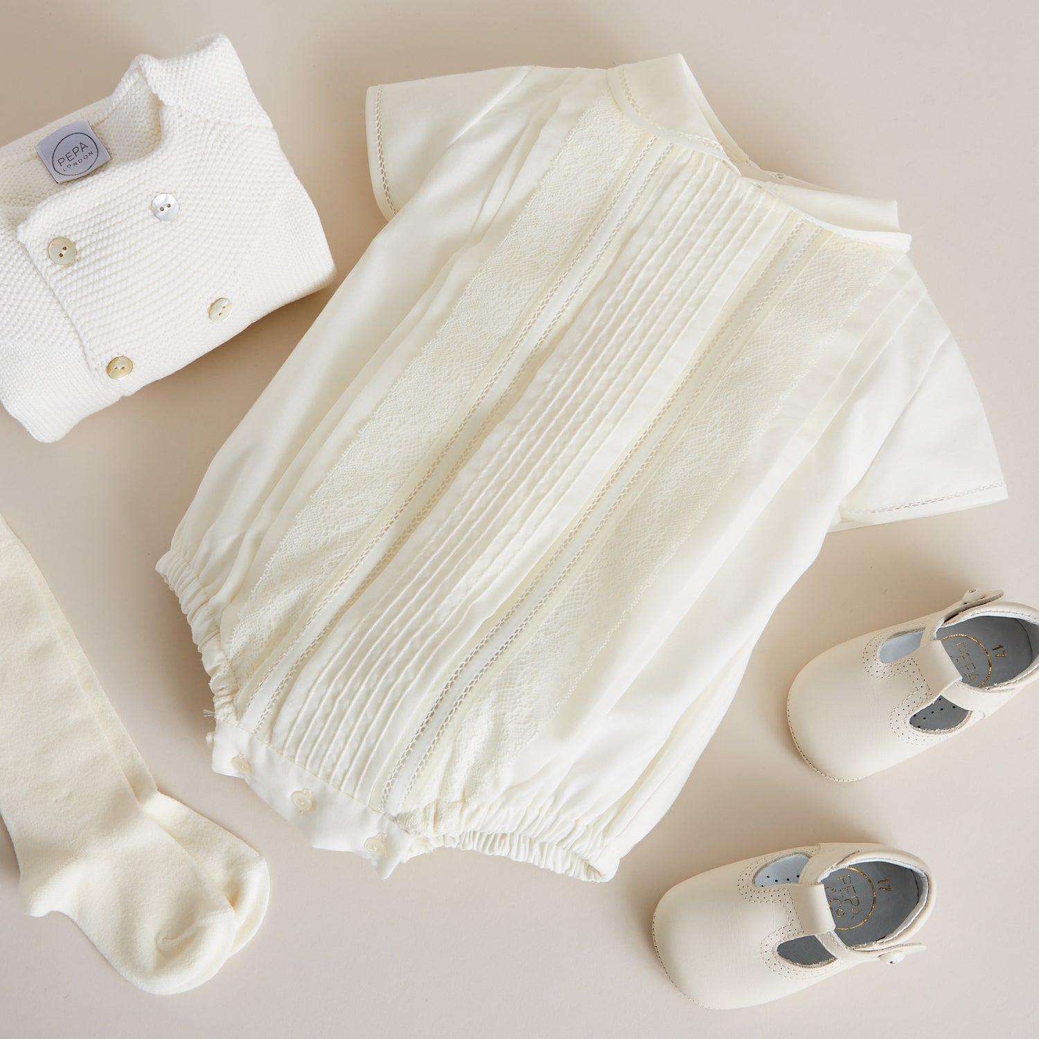 Ivory Panelled Christening Romper (3mths-2yrs) Rompers from Pepa London US