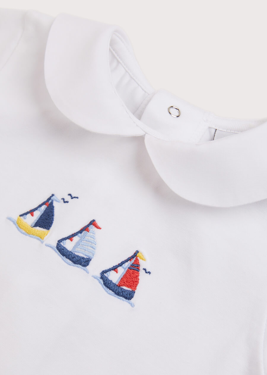 Embroidered Boat Motif Peter Pan Collar Bodysuit in White (1mth-3yrs) Tops & Bodysuits from Pepa London US