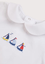 Embroidered Boat Motif Peter Pan Collar Bodysuit in White (1mth-3yrs) Tops & Bodysuits from Pepa London US