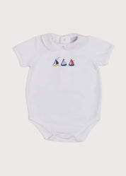 Embroidered Boat Motif Peter Pan Collar Bodysuit in White (1mth-3yrs) Tops & Bodysuits from Pepa London US