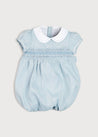 Hand Smocked Peter Pan Collar Short Sleeve Romper in Blue (3-18mths) Rompers from Pepa London US