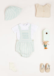 Striped Smocked Detail Dungaree Romper in Green (3-18mths) ROMPERS from Pepa London US