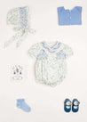Alice Floral Print Handsmocked Double Breasted Short Sleeve Romper in Blue (6mths-2yrs) Rompers  from Pepa London US