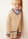 Cable Knit V-Neck Jumper in Cream (4-10yrs) Knitwear from Pepa London US