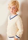 Cable Knit V-Neck Jumper in Cream (4-10yrs) Knitwear from Pepa London US