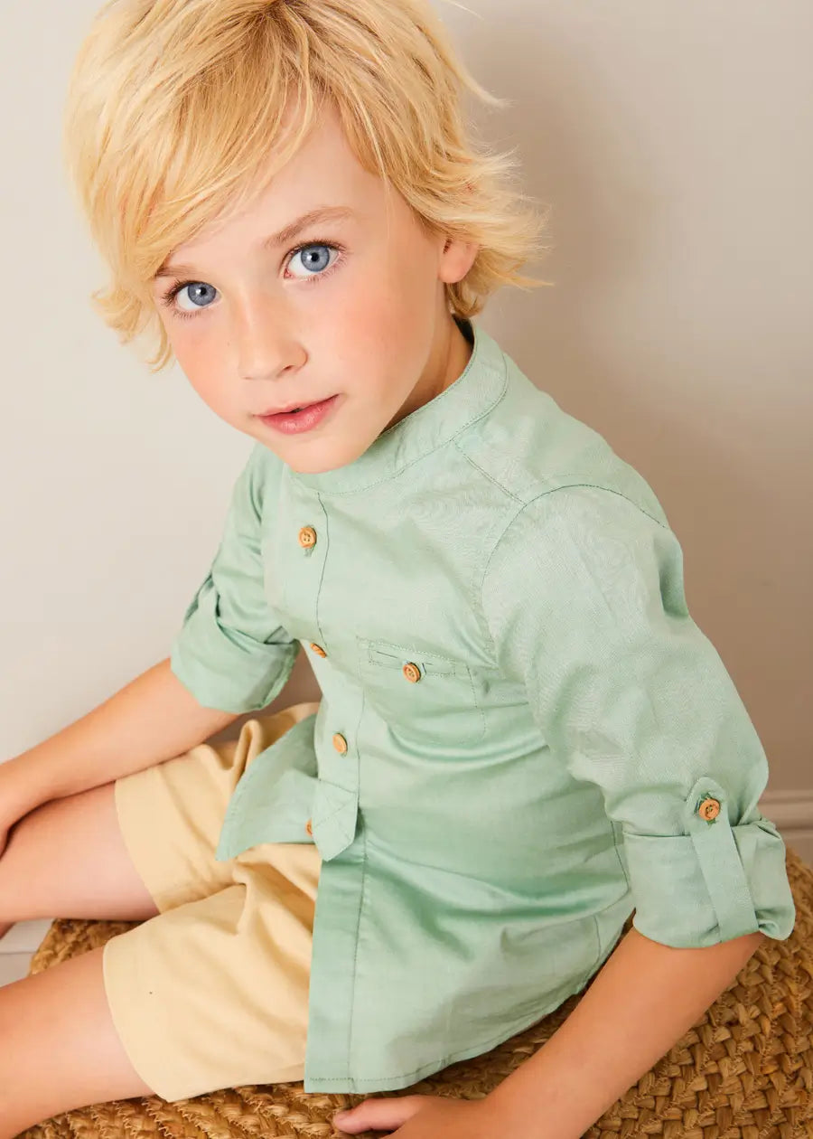 Plain Mao Collar Long Sleeve Shirt in Green (12mths-10yrs) SHIRTS from Pepa London US