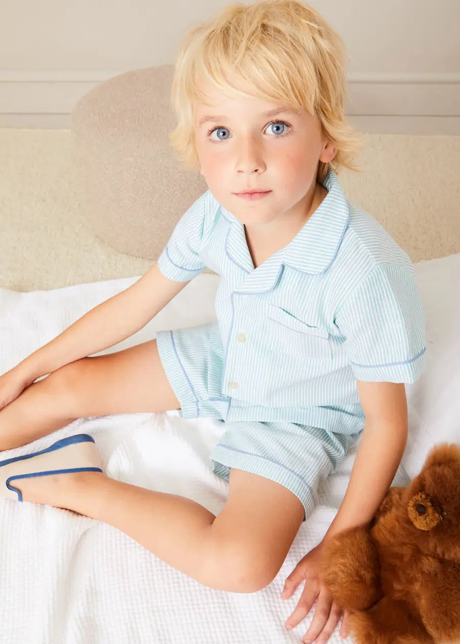 Rochester Striped Short Sleeve Pyjamas in Green (18mths-10yrs) NIGHTWEAR from Pepa London US