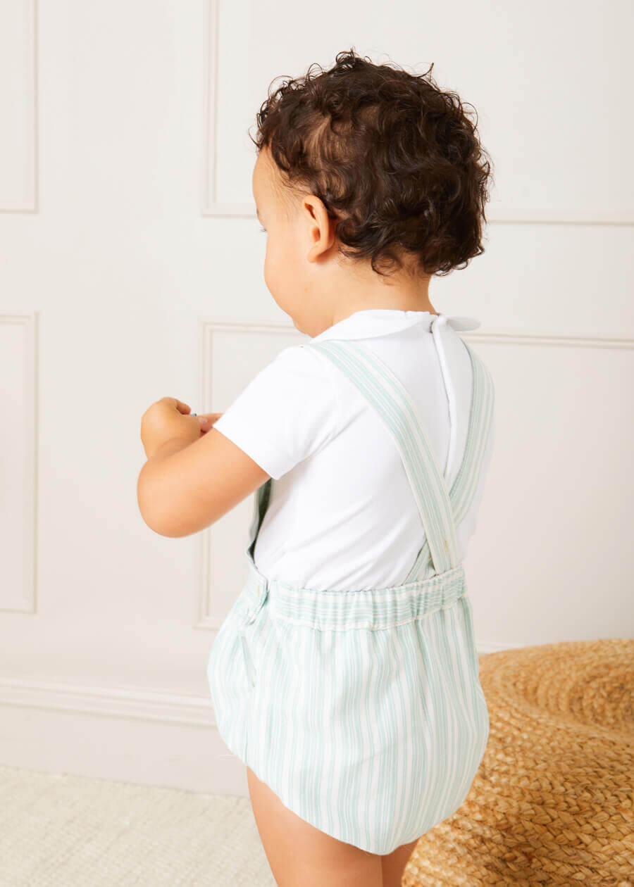 Striped Smocked Detail Dungaree Romper in Green (3-18mths) ROMPERS from Pepa London US