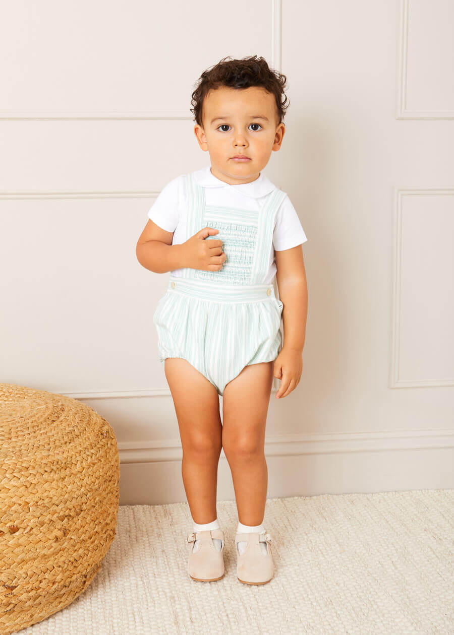 Striped Smocked Detail Dungaree Romper in Green (3-18mths) ROMPERS from Pepa London US