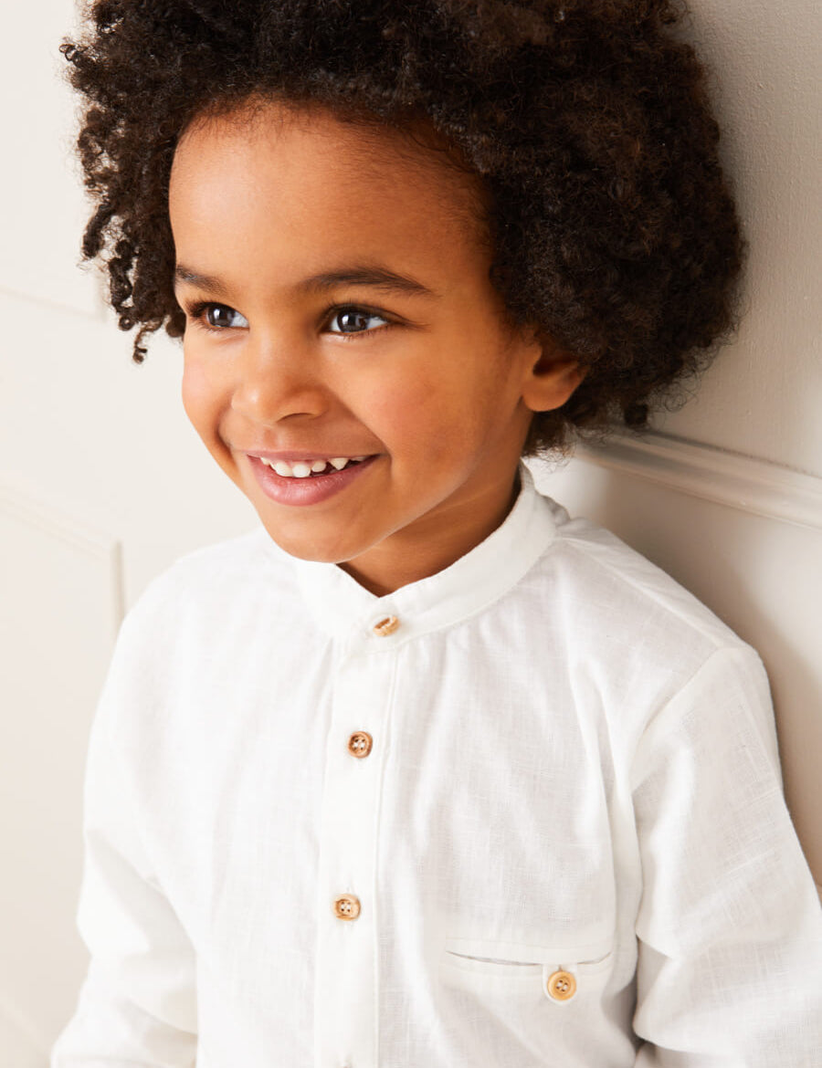 Linen Mao Collar Long Sleeve Shirt in White (12mths-10yrs) Shirts from Pepa London US