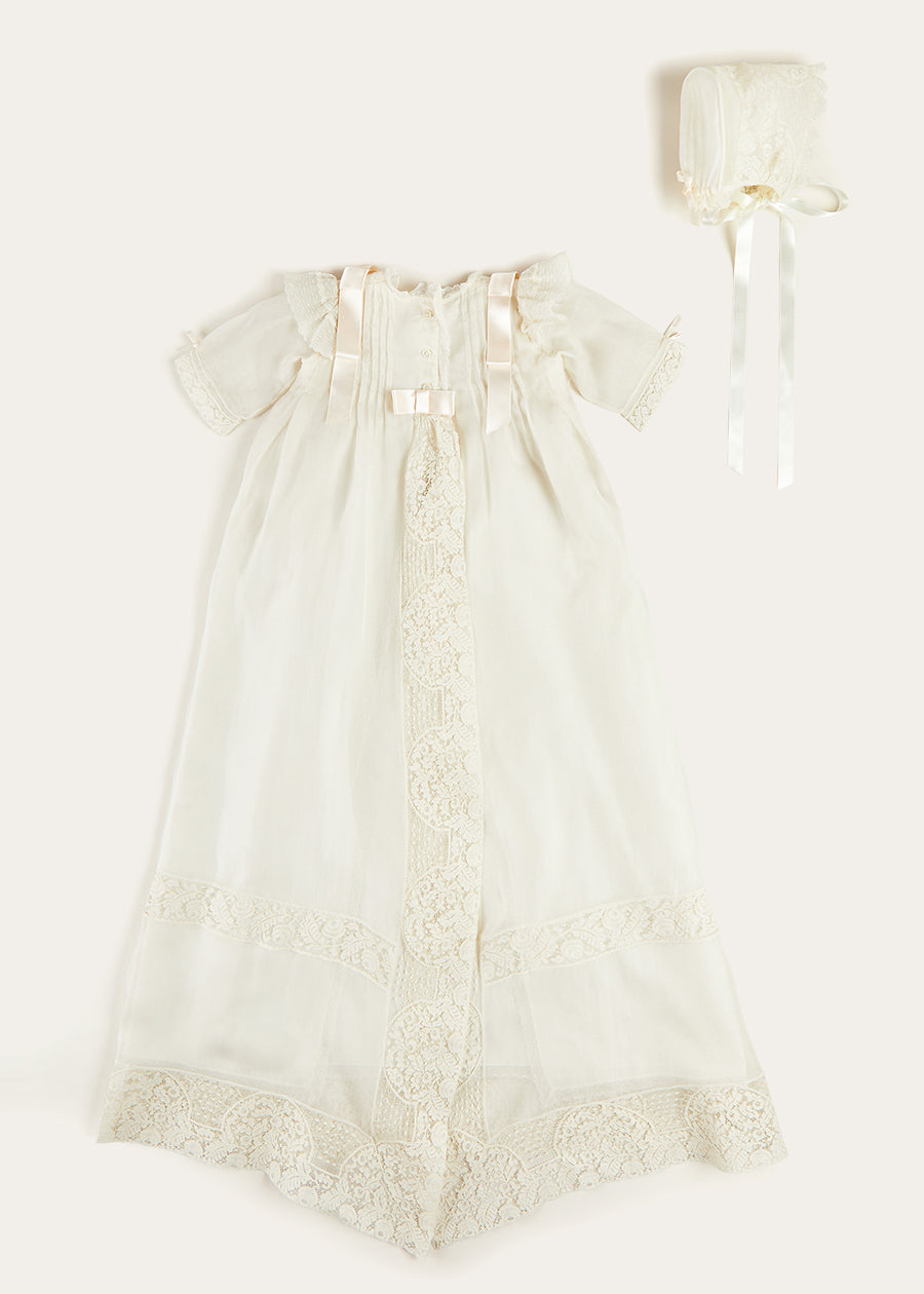 Bespoke Organza Silk Christening Gown With Antique Lace and Bonnet MADE TO ORDER from Pepa London US