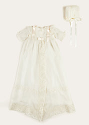 Bespoke Organza Silk Christening Gown With Antique Lace and Bonnet MADE TO ORDER from Pepa London US