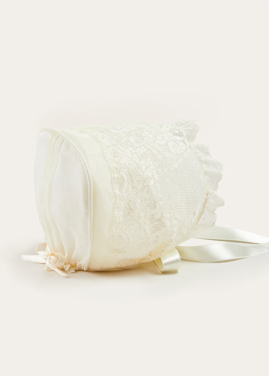 Bespoke Organza Silk Christening Gown With Antique Lace and Bonnet MADE TO ORDER from Pepa London US