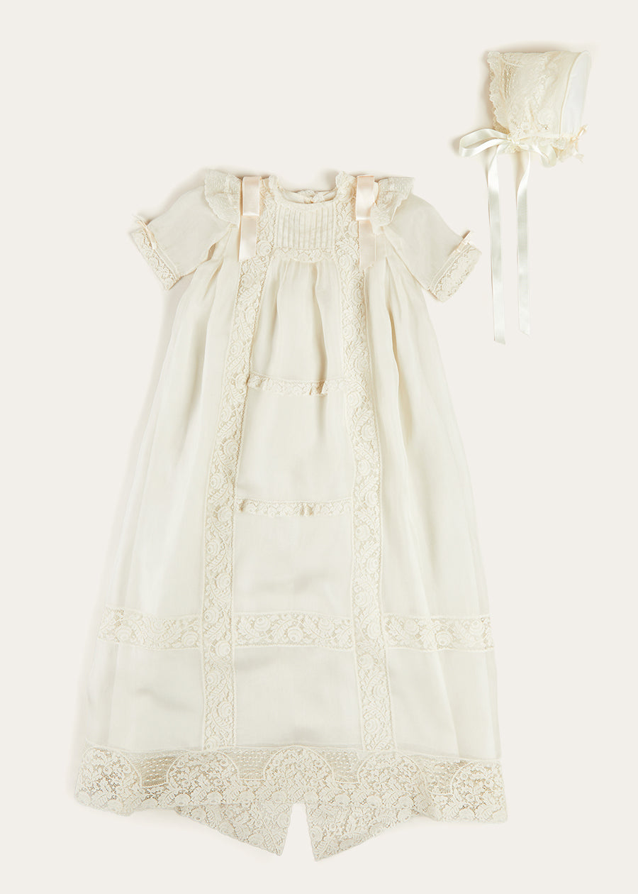 Bespoke Organza Silk Christening Gown With Antique Lace and Bonnet MADE TO ORDER from Pepa London US