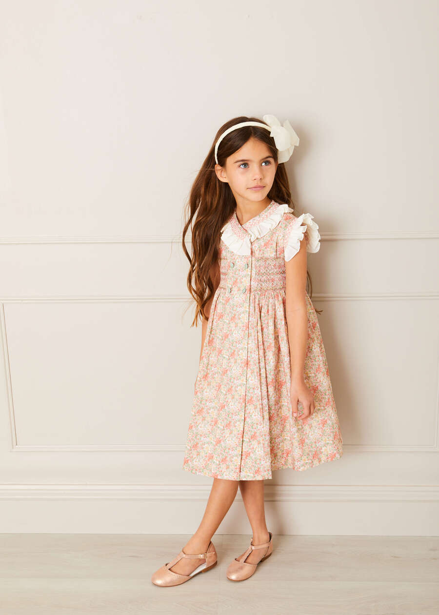 Sophie Floral Print Hand Smocked Double Breasted Dress in Peach (12mths-10yrs) Dresses from Pepa London US