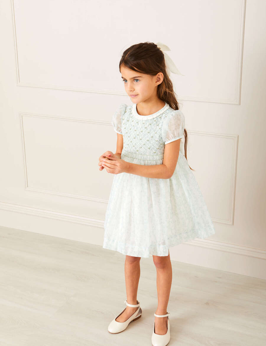 Constance Floral Print Hand Smocked Short Sleeve Party Dress in Light Green (12m-10yrs) Dresses from Pepa London US