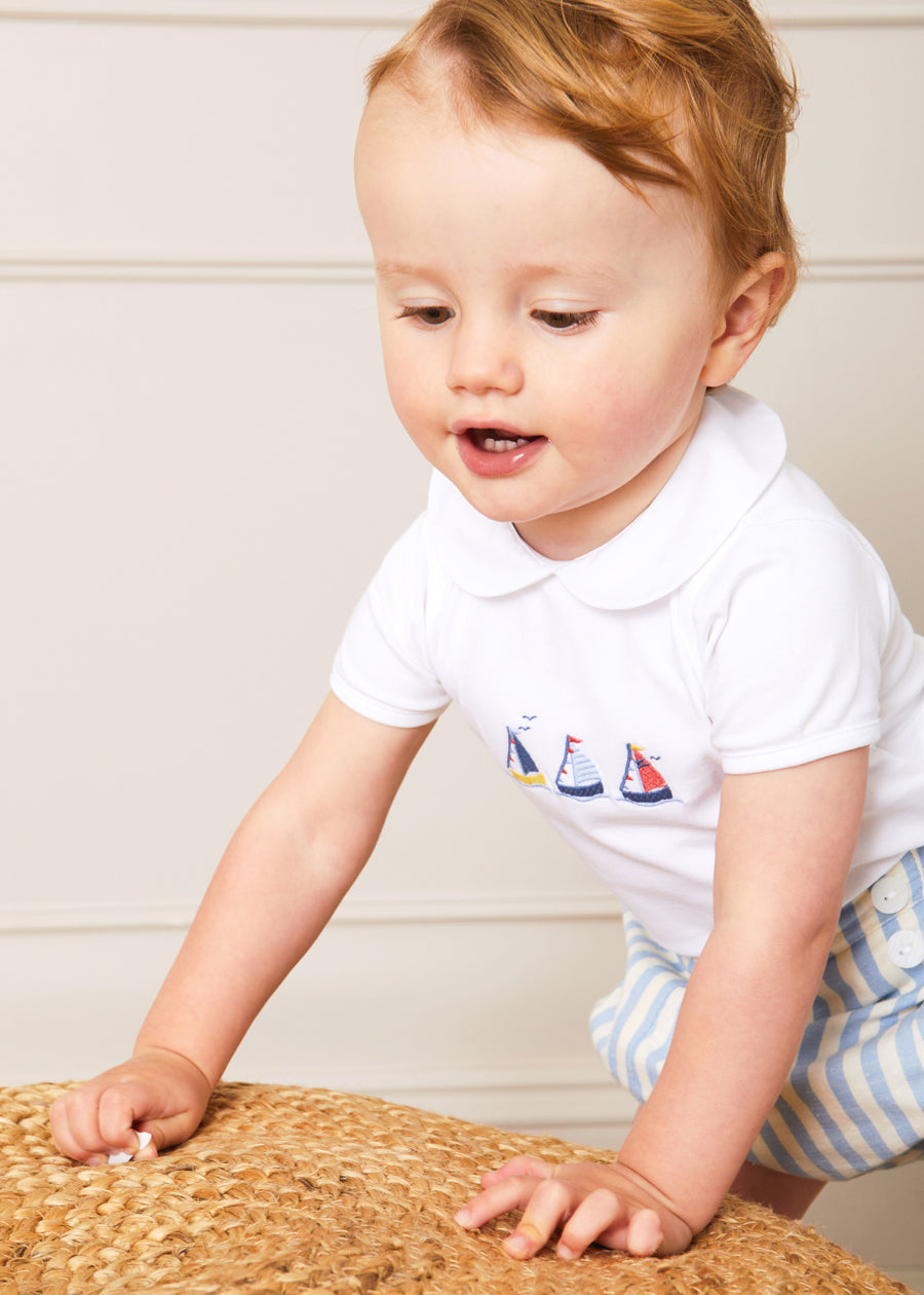 Embroidered Boat Motif Peter Pan Collar Bodysuit in White Pepa