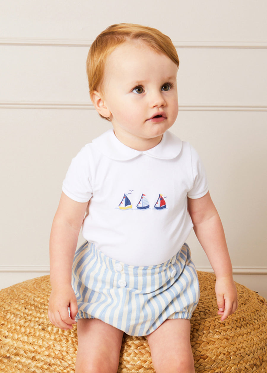 Embroidered Boat Motif Peter Pan Collar Bodysuit in White (1mth-3yrs) Tops & Bodysuits from Pepa London US