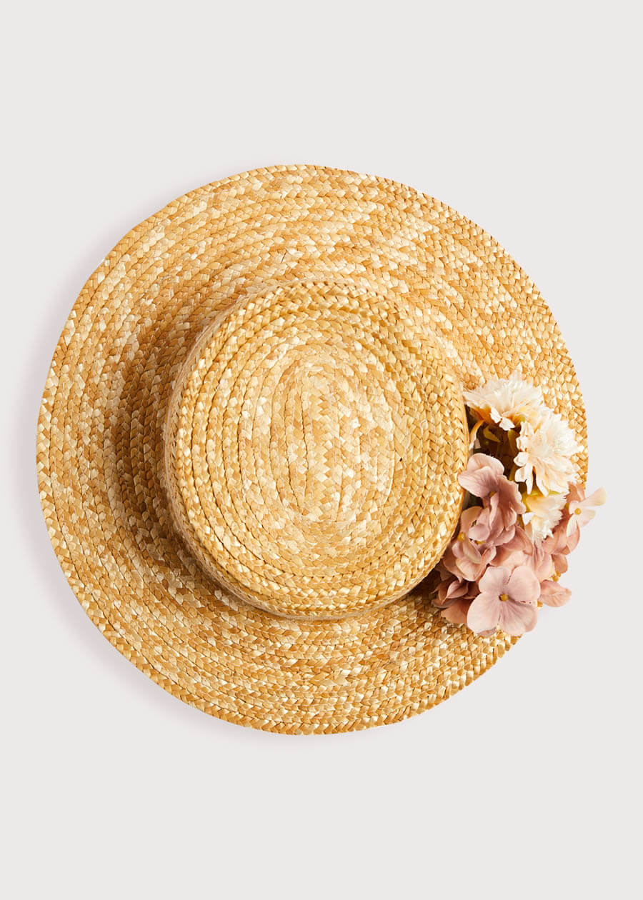 Faux Flower Straw Boater Hat in Pink Accessories  from Pepa London US