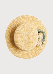 Faux Flower Straw Boater Hat in Teal Blue ACCESSORIES from Pepa London US