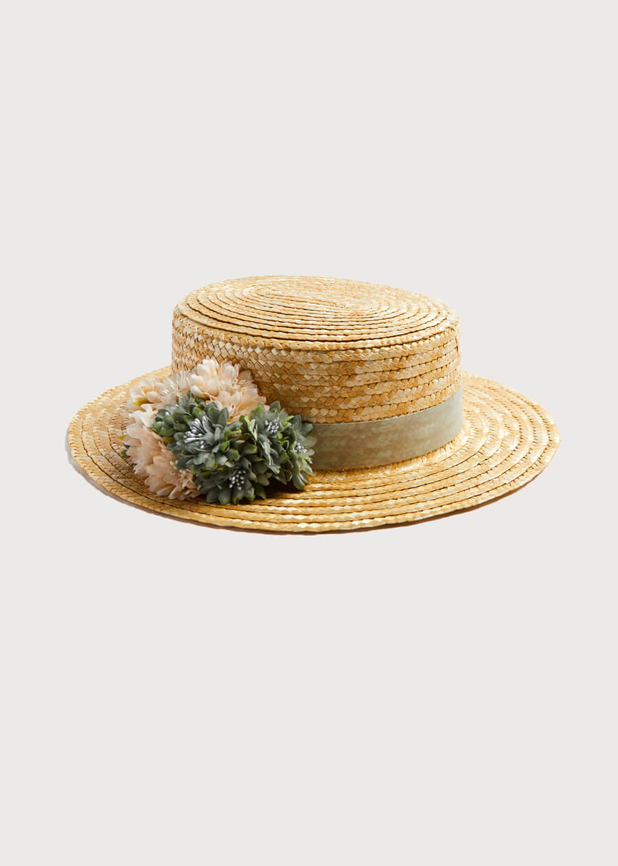 Faux Flower Straw Boater Hat in Teal Blue ACCESSORIES from Pepa London US