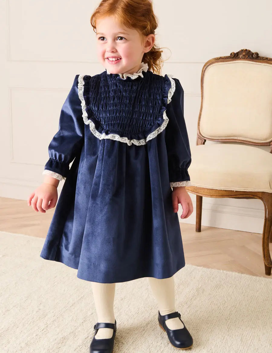 Velvet Hand Smocked Lace Detail Long Sleeve Dress in Navy (2-10yrs) Dresses from Pepa London US