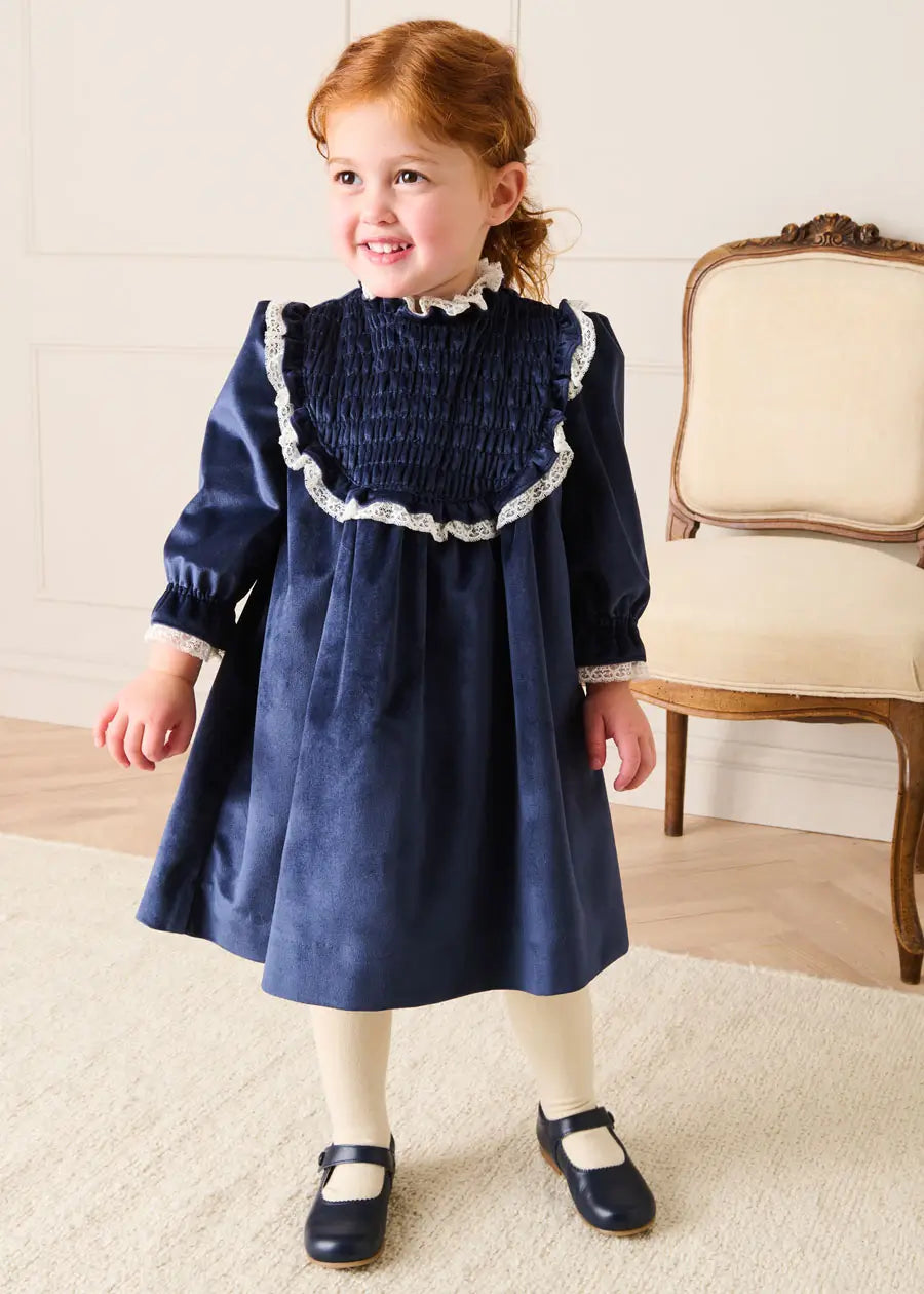Velvet Hand Smocked Lace Detail Long Sleeve Dress in Navy (2-10yrs) Dresses from Pepa London US