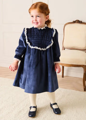 Velvet Hand Smocked Lace Detail Long Sleeve Dress in Navy (2-10yrs) Dresses from Pepa London US