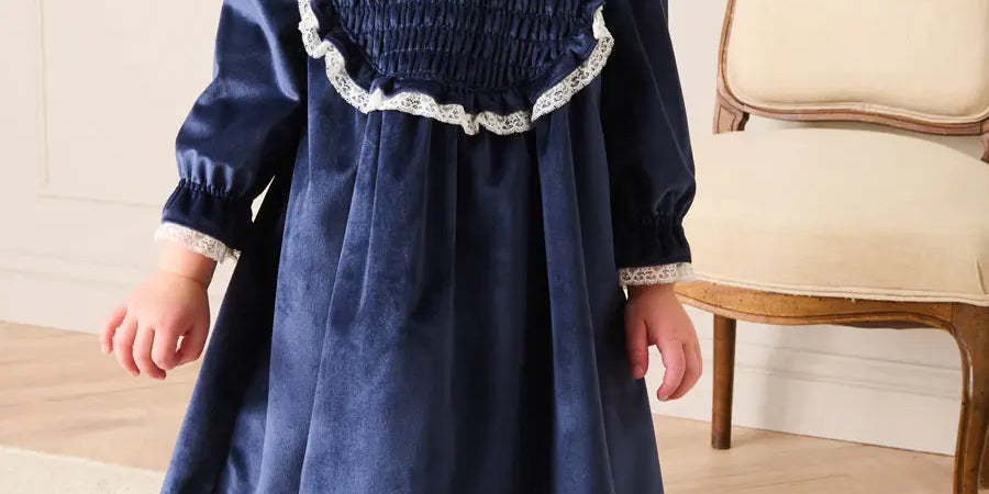 Velvet Hand Smocked Lace Detail Long Sleeve Dress in Navy (2-10yrs) Dresses from Pepa London US