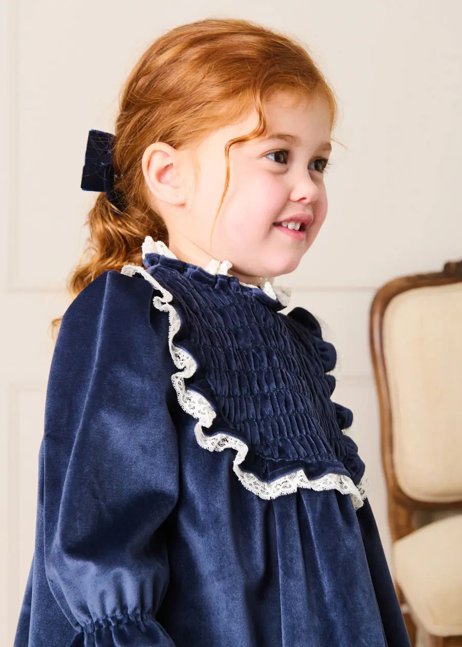 Velvet Hand Smocked Lace Detail Long Sleeve Dress in Navy (2-10yrs) Dresses from Pepa London US
