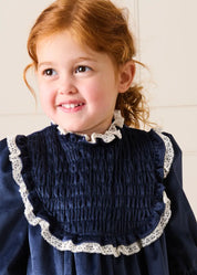 Velvet Hand Smocked Lace Detail Long Sleeve Dress in Navy (2-10yrs) Dresses from Pepa London US