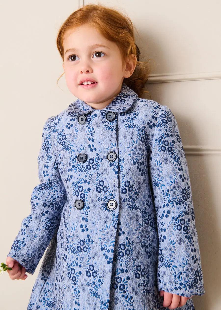 Eleanor Floral Jaquard Long Sleeve Coat Coat in Blue (4-10yrs) Coats from Pepa London US