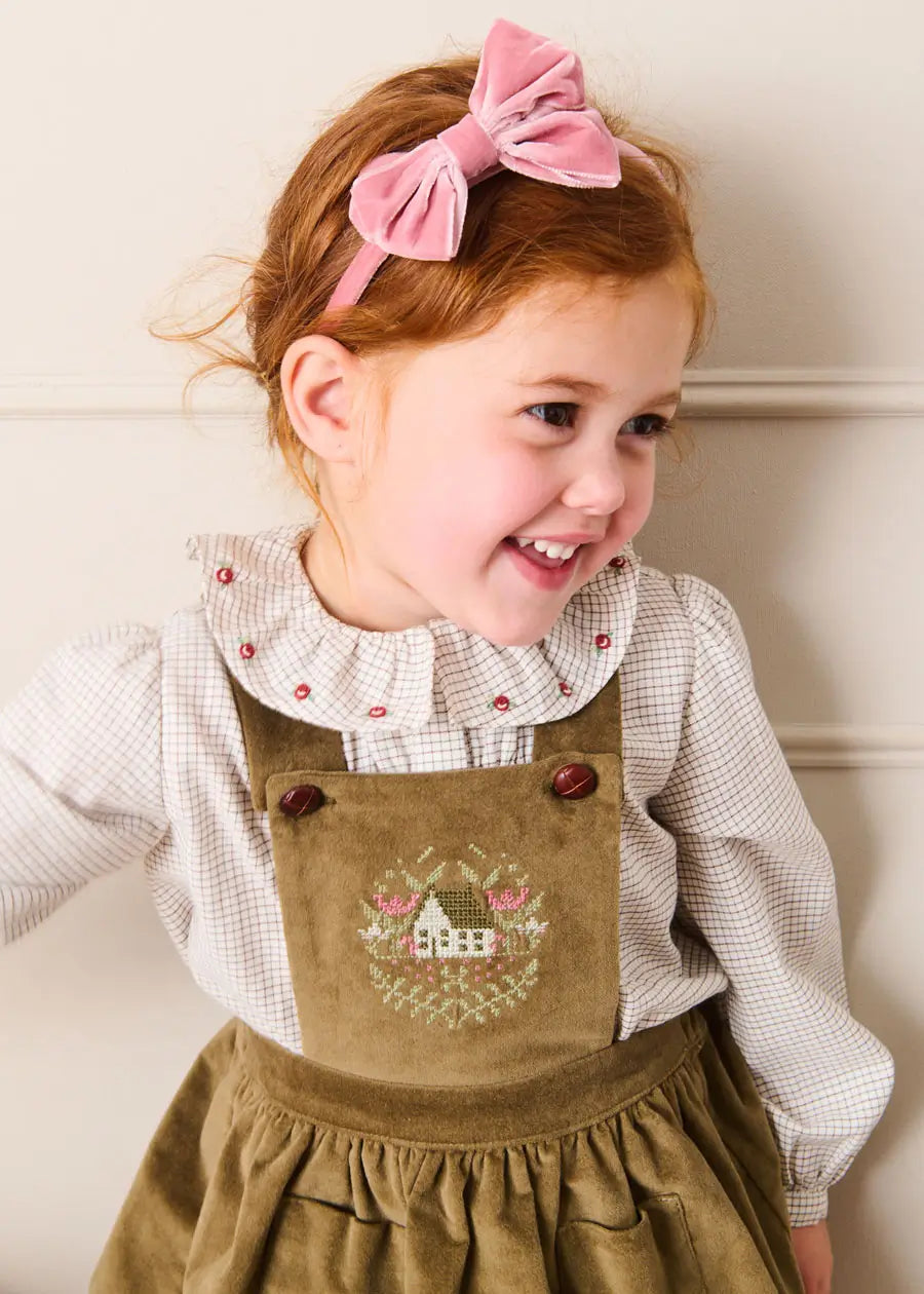 Ambrose Check Floral Embroidered Long Sleeve Blouse in Cream (4-10yrs) Blouses from Pepa London US