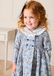 Beatrice Floral Hand Smocked Double Breasted Long Sleeve Dress in Blue (18mths-10yrs) Dresses from Pepa London US