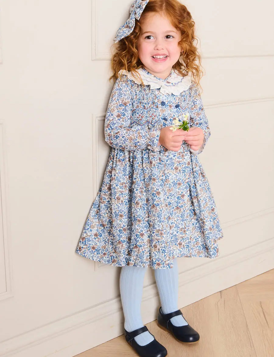 Beatrice Floral Hand Smocked Double Breasted Long Sleeve Dress in Blue (18mths-10yrs) Dresses from Pepa London US