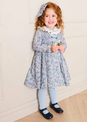 Beatrice Floral Hand Smocked Double Breasted Long Sleeve Dress in Blue (18mths-10yrs) Dresses from Pepa London US