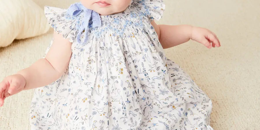 Ellis Sleeveless Dress with Bloomer and Bows in Blue Made with Liberty Fabric (1-12m) DRESSES from Pepa London US