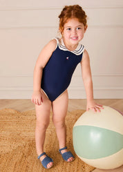 Mariner Collar Embroidered Boat Motif Swimsuit in Navy (12mths-10yrs) Swimwear from Pepa London US