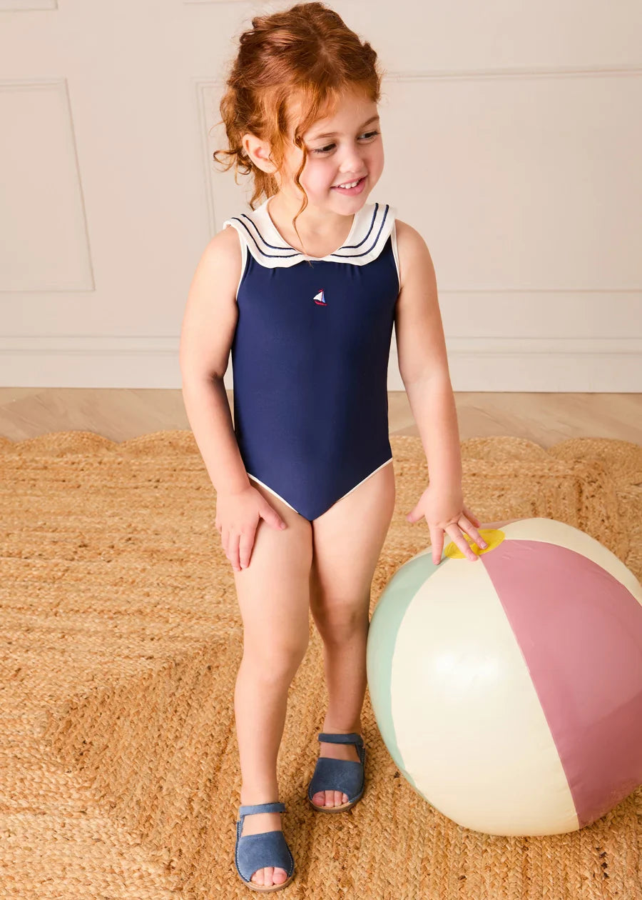 Mariner Collar Embroidered Boat Motif Swimsuit in Navy (12mths-10yrs) Swimwear from Pepa London US