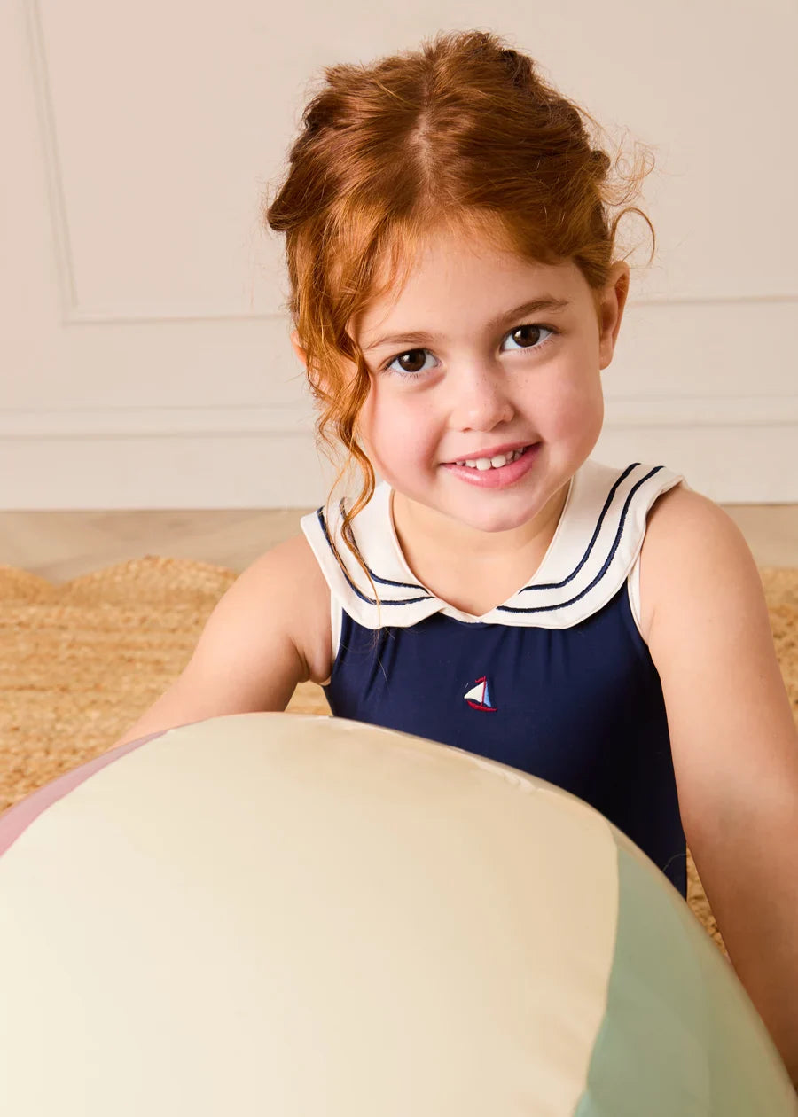 Mariner Collar Embroidered Boat Motif Swimsuit in Navy (12mths-10yrs) Swimwear from Pepa London US