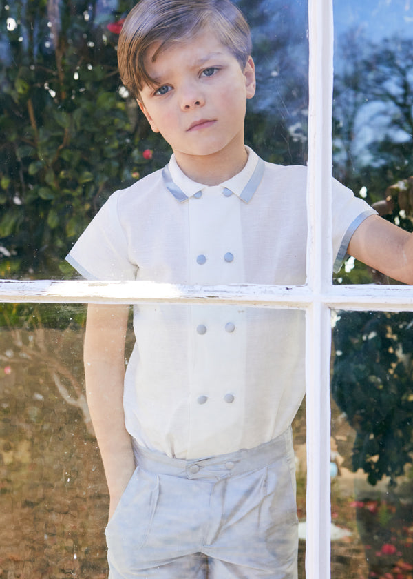 Linen Boys Celebration Shirt White with Blue Silk piping (3-10yrs) Shirts from Pepa London US